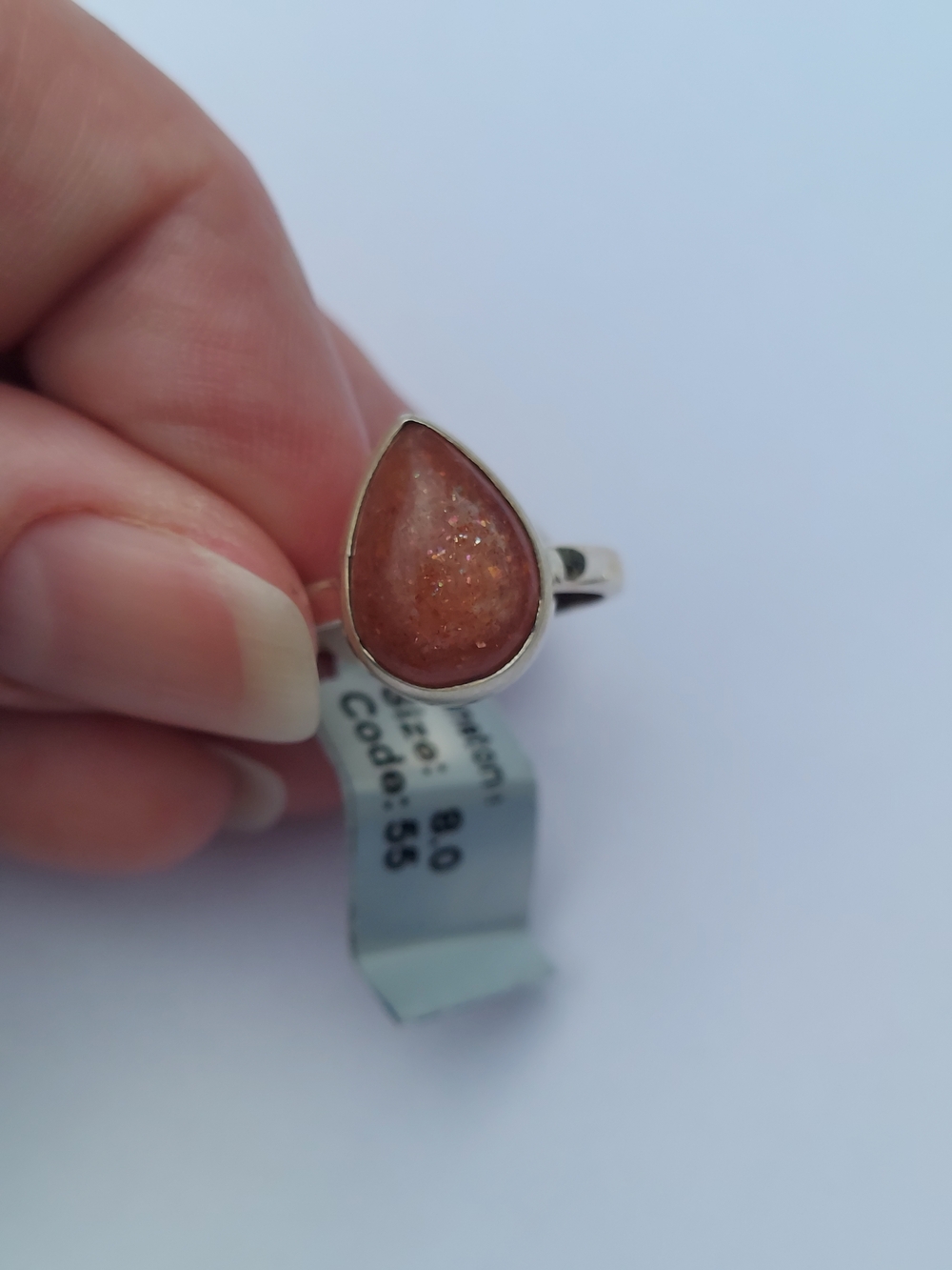 Sunstone: Sterling Silver Teardrop Sunstone Ring - Size 8